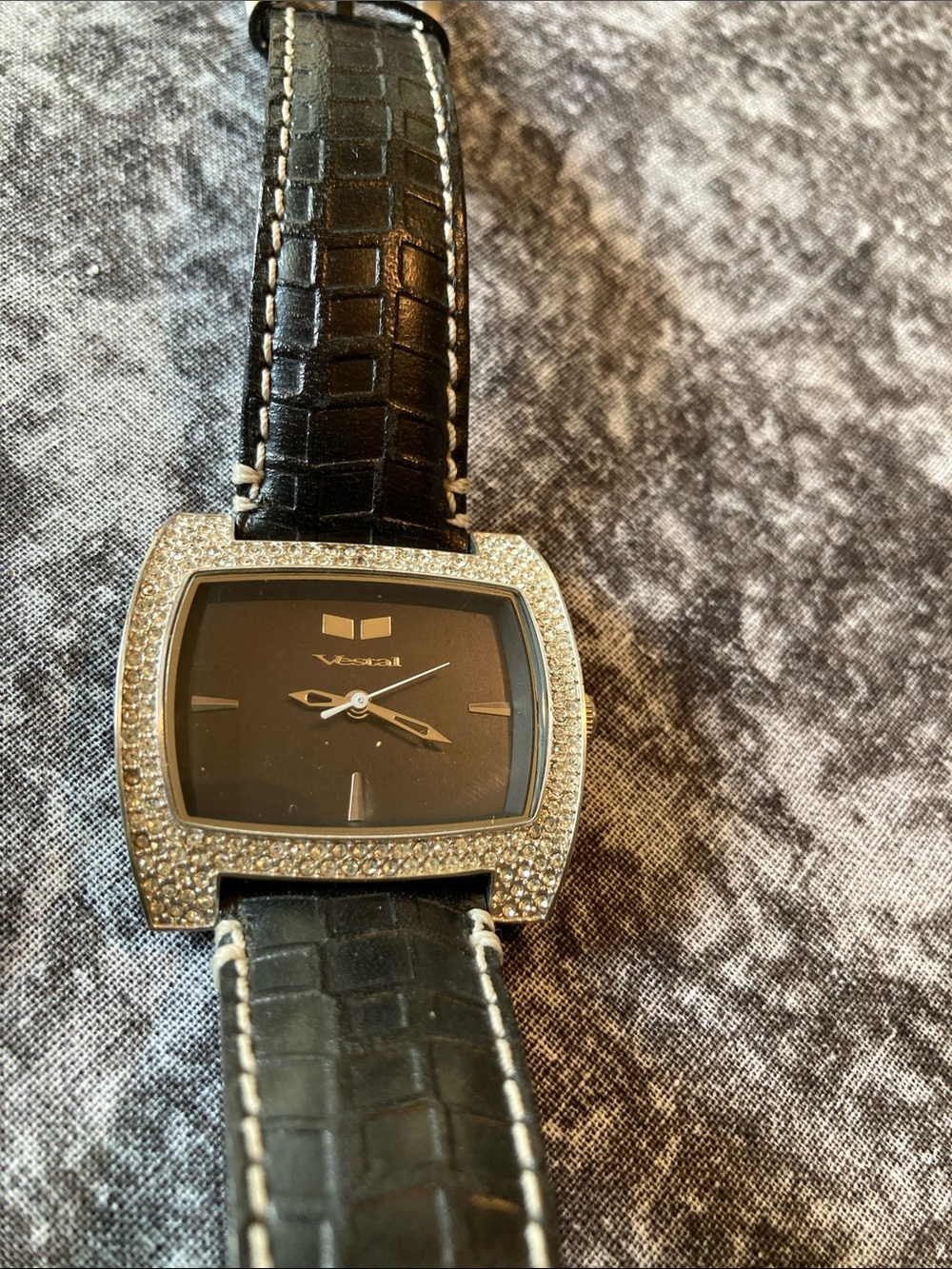 Toral Black Dial Watch with Crystal-Trimmed Silver Case - keeps perfect time